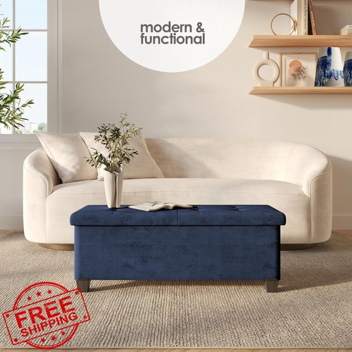 Blue velvet storage bench - blue,